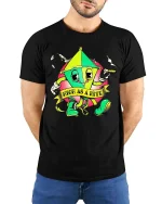 Funny High As A Kite Cartoon T Shirt Cool Chill Graphic Style - model wearing black tee with hands behind back