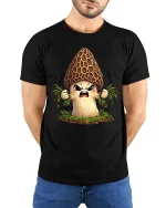 Angry Morel Mushroom Cartoon Tshirt Funny Forest Vibes - model wearing black tee with hands behind back