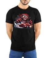 Crazy Demon Driver Muscle Car Graphic T Shirt Wild Street Style - model wearing black tee with hands behind back