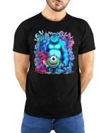 Cute Monster Friends Cartoon Tshirt Colorful Fun Squad Vibe - model wearing black tee with hands behind back