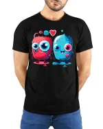 Cute Love Monster Cartoon T Shirt Kawaii Couple Funny Graphic - model wearing black tee with hands behind back
