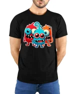 Cute Funny Monster Trio Cartoon T Shirt Colorful Kawaii Design - model wearing black tee with hands behind back