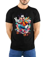 Funny Skateboarding Cartoon Dog T Shirt Cool Street Art Style - model wearing black tee with hands behind back