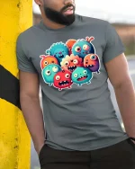 Cute Funny Monster Squad Cartoon T Shirt Colorful Kawaii Style - model wearing grey tee, leaning on column