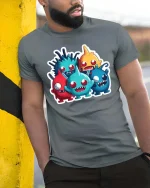 Cute Funny Monster Crew Cartoon T Shirt Colorful Kawaii Style - model wearing grey tee, leaning on column
