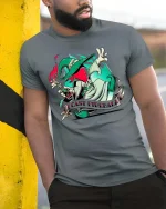 Funny Wizard Cast Fireball T Shirt Fantasy Gamer Cartoon Style - model wearing grey tee, leaning on column