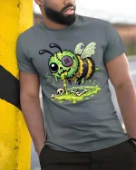 Gross Zombie Bee Cartoon T Shirt Funny Creepy Cute Graphic Art - model wearing grey tee, leaning on column