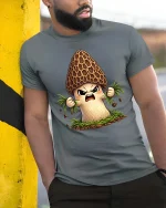 Angry Morel Mushroom Cartoon Tshirt Funny Forest Vibes - model wearing grey tee, leaning on column
