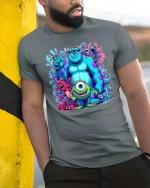 Cute Monster Friends Cartoon Tshirt Colorful Fun Squad Vibe - model wearing grey tee, leaning on column