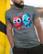 Cute Love Monster Cartoon T Shirt Kawaii Couple Funny Graphic - model wearing grey tee, leaning on column
