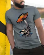 Dark Mushroom Monster Graphic T Shirt Creepy Dripping Art Style - model wearing grey tee, leaning on column