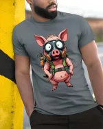 Funny Pig With Gas Mask T Shirt Crazy Cartoon Survival Style - model wearing grey tee, leaning on column