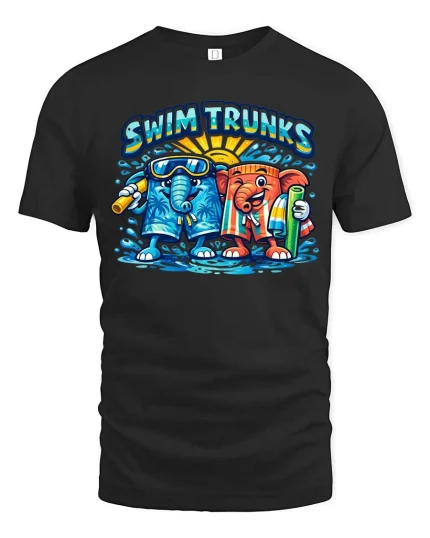 Swim Trunks Funny Elephant Summer Beach Graphic T Shirt - black t-shirt on white background