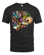 Colorful Art Supplies Creative Doodle Graphic T Shirt - black t-shirt on white background