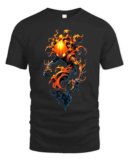Flaming Pumpkin Spirit Dark Fantasy Graphic T Shirt - black t-shirt on white background