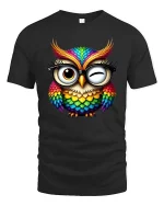 Colorful Owl With Glasses Cute Wink Graphic T Shirt - black t-shirt on white background