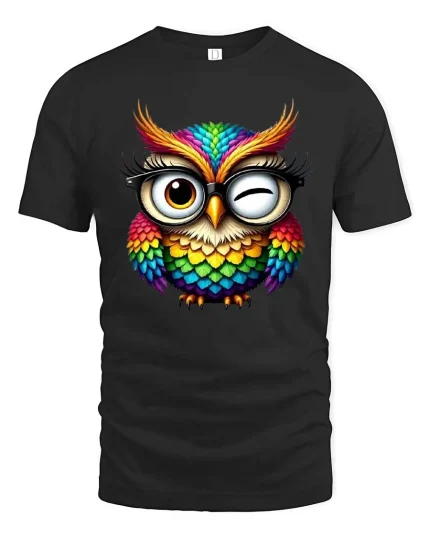 Colorful Owl With Glasses Cute Wink Graphic T Shirt - black t-shirt on white background