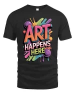 Art Happens Here Colorful Graphic T Shirt Creative Paint Splash Style - black t-shirt on white background