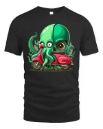 Funny Octopus Riding Scooter Cartoon Graphic T Shirt - black t-shirt on white background