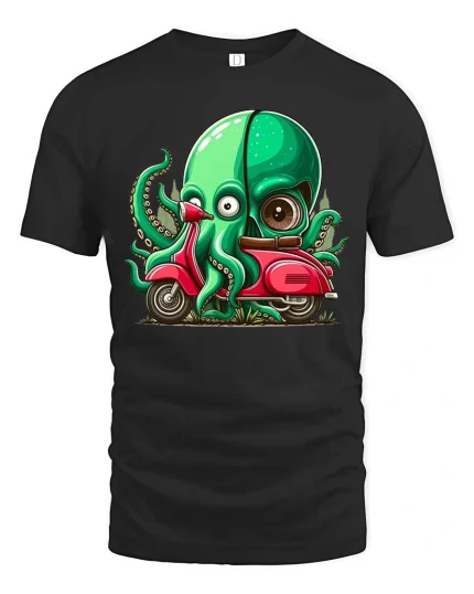 Funny Octopus Riding Scooter Cartoon Graphic T Shirt - black t-shirt on white background