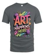 Art Happens Here Colorful Graphic T Shirt Creative Paint Splash Style - gray t-shirt on white background