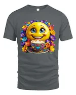 Smiling Coffee Emoji Floral Happy Vibes Graphic T Shirt - gray t-shirt on white background