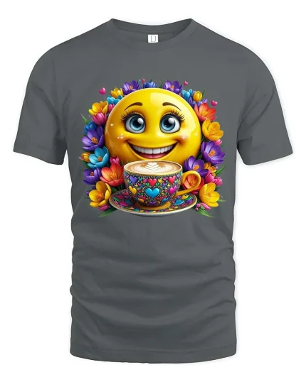 Smiling Coffee Emoji Floral Happy Vibes Graphic T Shirt - gray t-shirt on white background