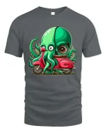 Funny Octopus Riding Scooter Cartoon Graphic T Shirt - gray t-shirt on white background