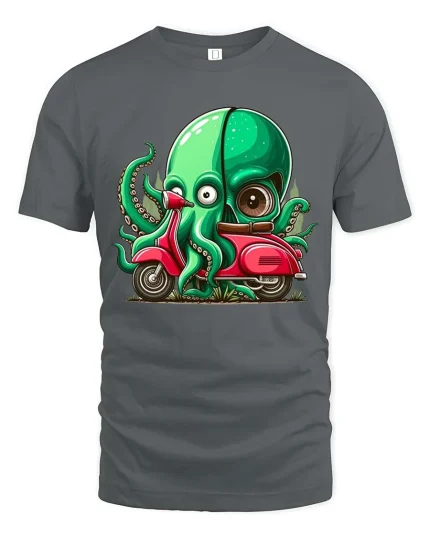 Funny Octopus Riding Scooter Cartoon Graphic T Shirt - gray t-shirt on white background