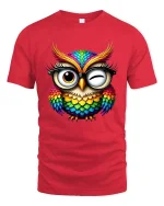 Colorful Owl With Glasses Cute Wink Graphic T Shirt - red t-shirt on white background