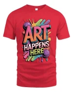 Art Happens Here Colorful Graphic T Shirt Creative Paint Splash Style - red t-shirt on white background