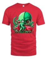 Funny Octopus Riding Scooter Cartoon Graphic T Shirt - red t-shirt on white background