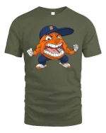 Angry Orange Mascot Cartoon Sports Fan Graphic T Shirt - military green t-shirt on white background