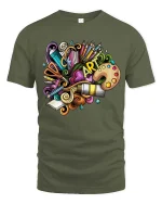 Colorful Art Supplies Creative Doodle Graphic T Shirt - military green t-shirt on white background