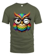 Colorful Owl With Glasses Cute Wink Graphic T Shirt - military green t-shirt on white background