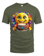 Smiling Coffee Emoji Floral Happy Vibes Graphic T Shirt - military green t-shirt on white background