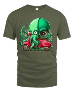 Funny Octopus Riding Scooter Cartoon Graphic T Shirt - military green t-shirt on white background