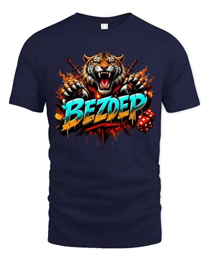 Bezdep Fierce Tiger Dice Street Style Graphic T Shirt - navy t-shirt on white background
