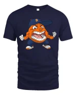 Angry Orange Mascot Cartoon Sports Fan Graphic T Shirt - navy t-shirt on white background