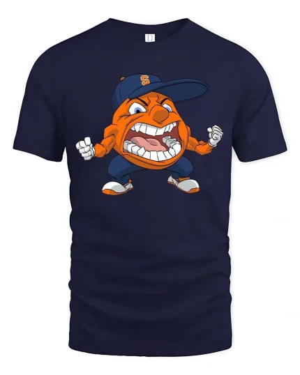 Angry Orange Mascot Cartoon Sports Fan Graphic T Shirt - navy t-shirt on white background