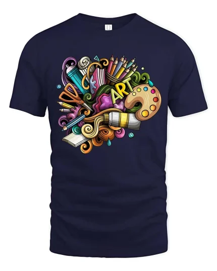 Colorful Art Supplies Creative Doodle Graphic T Shirt - navy t-shirt on white background