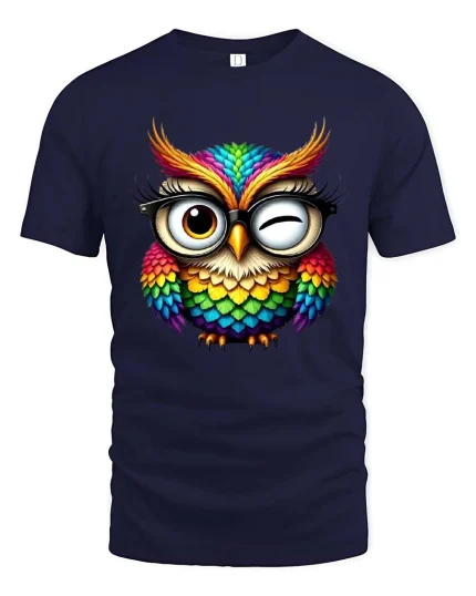 Colorful Owl With Glasses Cute Wink Graphic T Shirt - navy t-shirt on white background