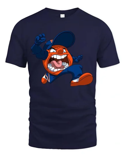 Angry Mascot Jumping Cartoon Sports Fan Graphic T Shirt - navy t-shirt on white background