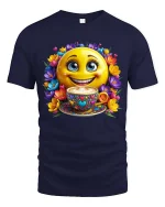 Smiling Coffee Emoji Floral Happy Vibes Graphic T Shirt - navy t-shirt on white background