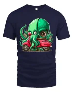 Funny Octopus Riding Scooter Cartoon Graphic T Shirt - navy t-shirt on white background
