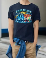 Swim Trunks Funny Elephant Summer Beach Graphic T Shirt - model wearing navy tee with hands in pockets