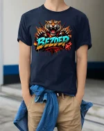 Bezdep Fierce Tiger Dice Street Style Graphic T Shirt - model wearing navy tee with hands in pockets