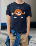 Angry Orange Mascot Cartoon Sports Fan Graphic T Shirt - model wearing navy tee with hands in pockets