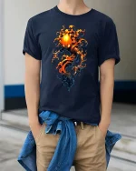 Flaming Pumpkin Spirit Dark Fantasy Graphic T Shirt - model wearing navy tee with hands in pockets