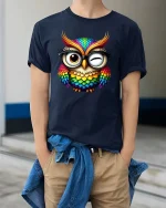 Colorful Owl With Glasses Cute Wink Graphic T Shirt - model wearing navy tee with hands in pockets